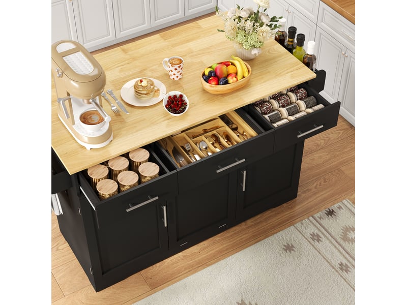  Îlot de cuisine mobile avec plan de travail pliant, chariot de cuisine sur roulettes avec 3 grands tiroirs, 2 armoires à portes et placard à poubelle, 136 x 50 (75) x 92 cm  - Conforama E