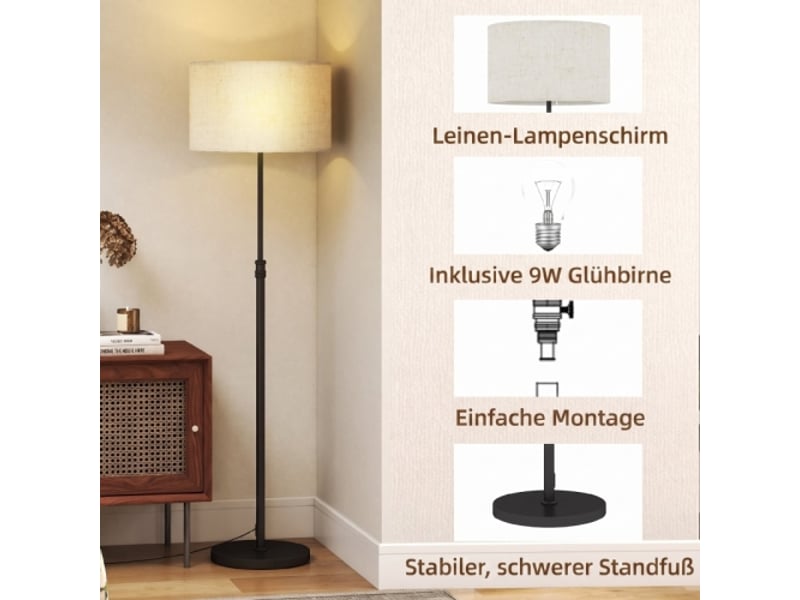  Lampadaire réglable en hauteur, métal noir, abat-jour en tissu, télécommande, variateur, interrupteur au pied  - Conforama E