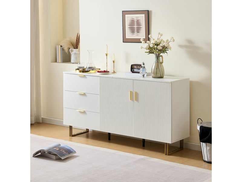  Buffet 140 cm avec 2 portes et 3 tiroirs, meuble de rangement en mdf, pieds en acier, poignées dorées en aluminium, style contemporain pour salon et salle à manger  - Conforama B