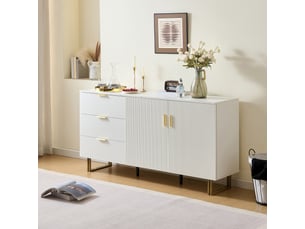 Buffet 140 cm avec 2 portes et 3 tiroirs, meuble de rangement en mdf, pieds en acier, poignées dorées en aluminium, style contemporain pour salon et salle à manger