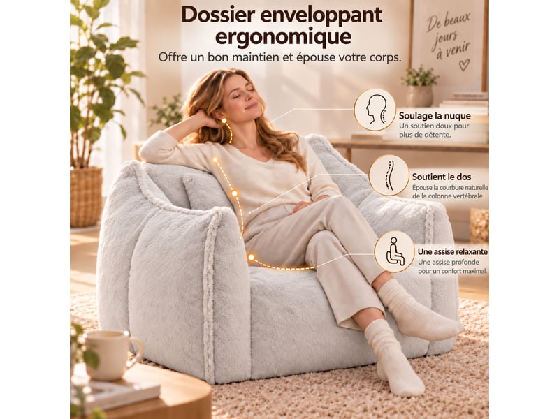 Fauteuil pouf paresseux en fausse fourrure, sans montage, rempli de mousse déchiquetée haute densité, design ergonomique,gris - Conforama D