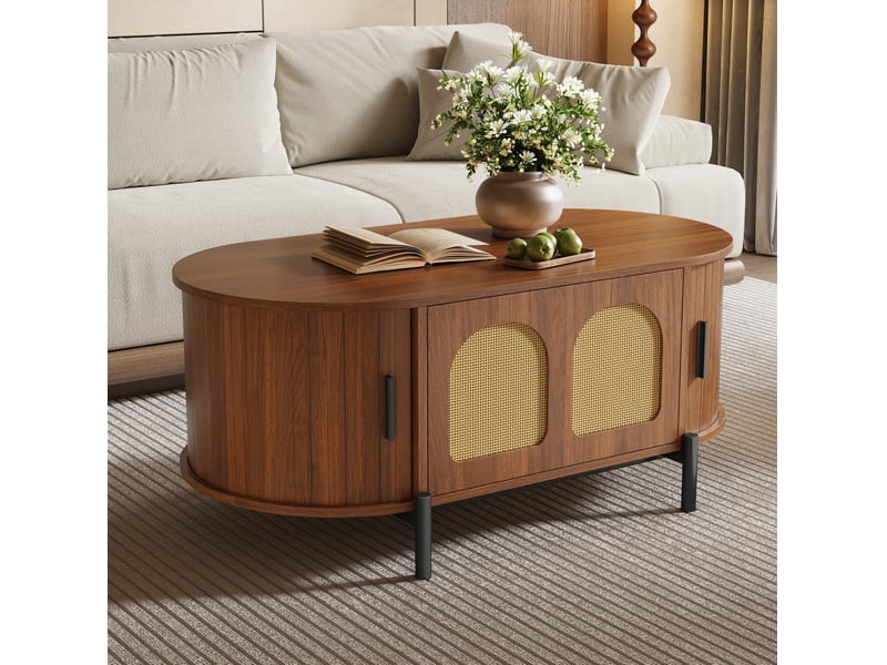 Table basse ulevr ovale avec rangement, portes coulissantes et porte en rotin, 100 x 50 x 40 cm, mdf aspect bois noyer, pieds métal noir  - Conforama E