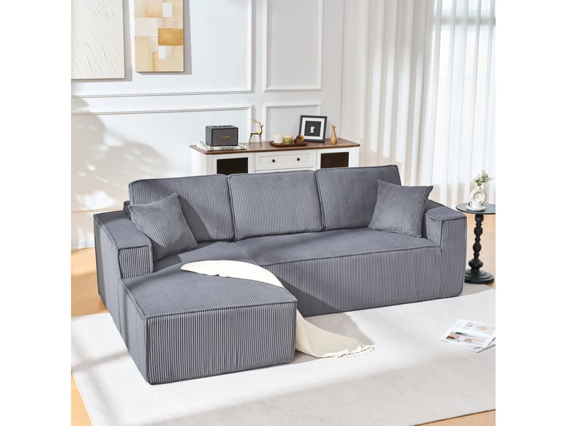 Canapé d’angle modulaire en velours côtelé gris avec méridienne et 2 coussins - Conforama B