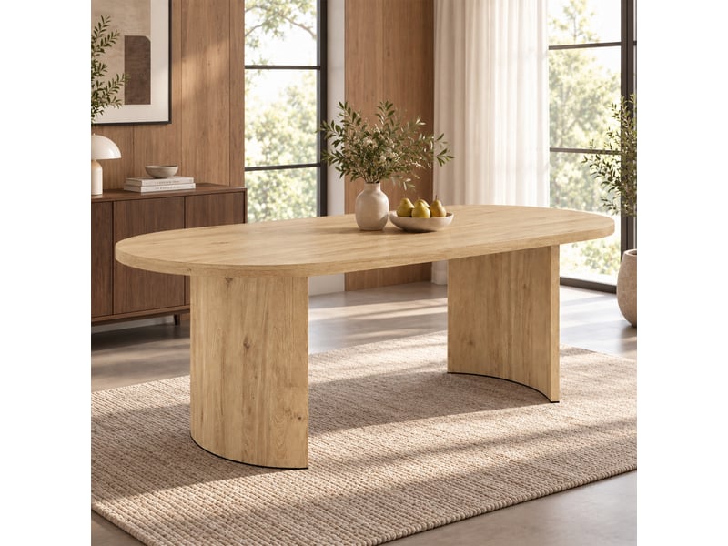 Table à manger 200 × 90 cm, plateau arrondi et pieds courbes, finition chêne Fay Lum - Conforama B