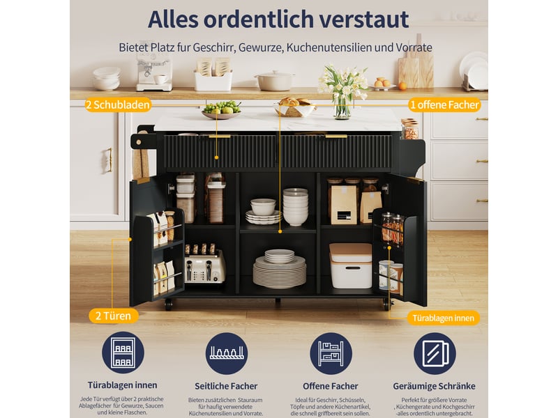 Îlot de cuisine mobile noir et bois naturel en mdf, plateau rabattable, 2 tiroirs et 2 portes, range-épices, 120 × 45 cm - Conforama C