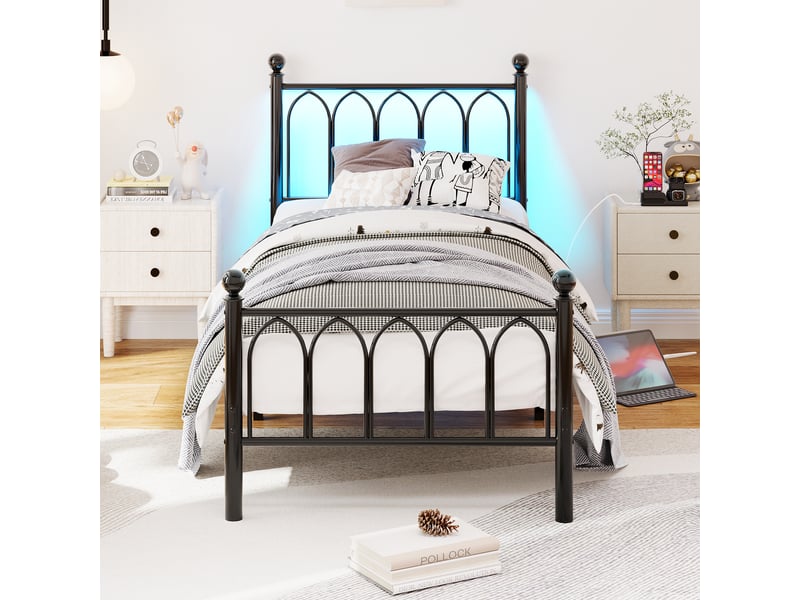  Lit simple rembourré 90x200cm avec led et usb-c, cadre de lit adulte en métal avec tête et pied de lit vintage, noir, lit 1 personne  - Conforama C
