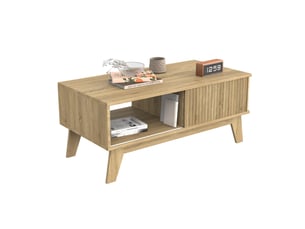 Table basse ovale 95x41x48 cm avec rangement, 1 niche, motif bois, porte coulissante, panneaux de particules, naturel