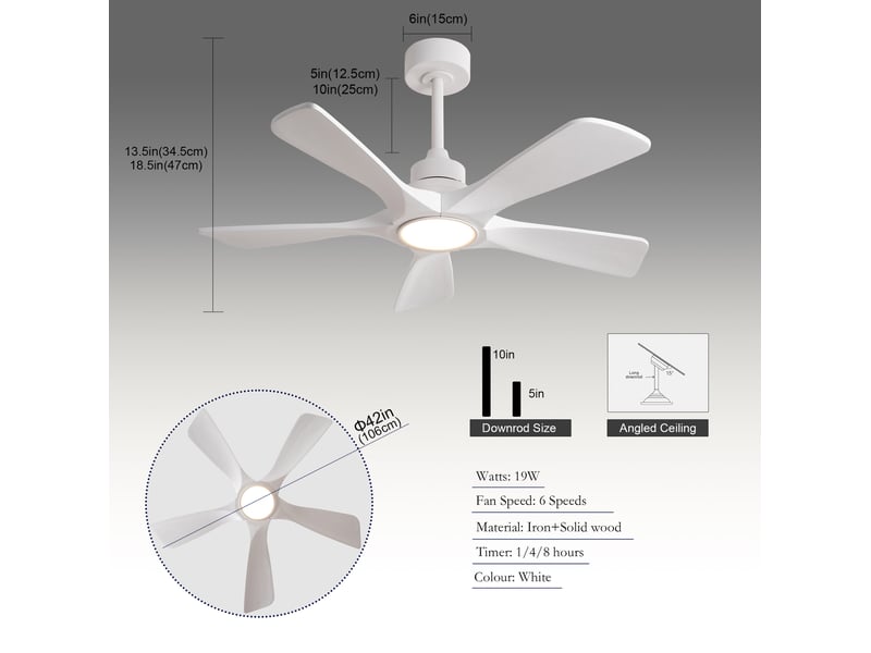  Ventilateur de plafond 106x106 cm avec éclairage led 3 températures, moteur réversible, 6 vitesses, bois et métal blanc  - Conforama E