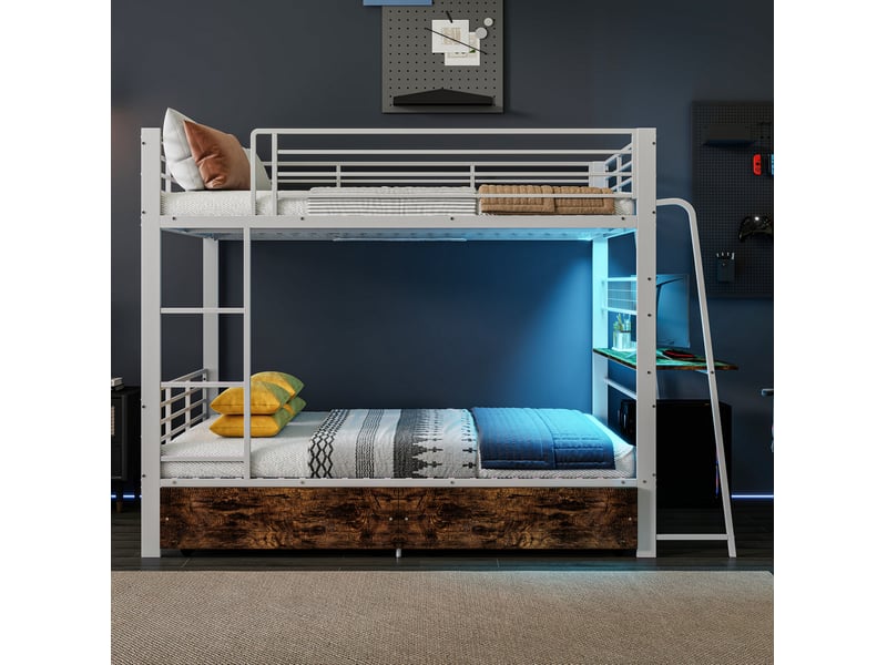  Lit mezzanine 140 × 200 cm 1 place avec bureau, led rgb, usb et type-c, 2 tiroirs, sans matelas, blanc et noyer  - Conforama C