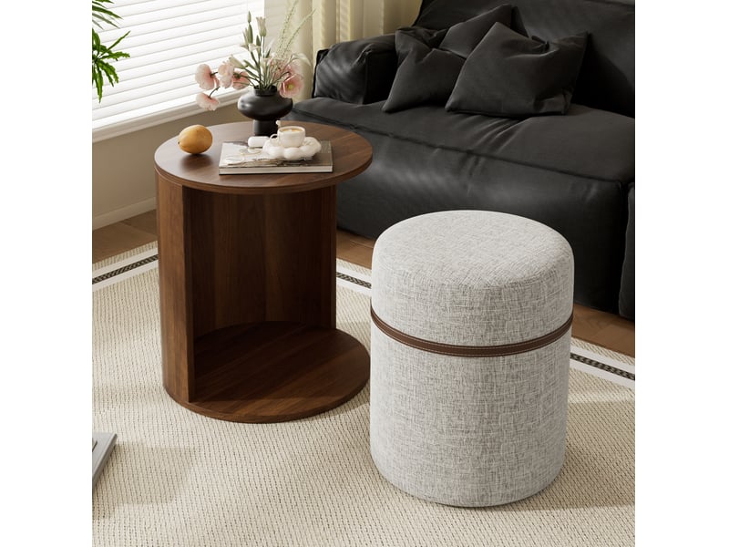  Table basse ronde avec tabouret rembourré intégré, gain de place pour salon, en mdf noyer 38 × 38 × 47,5 cm  - Conforama E