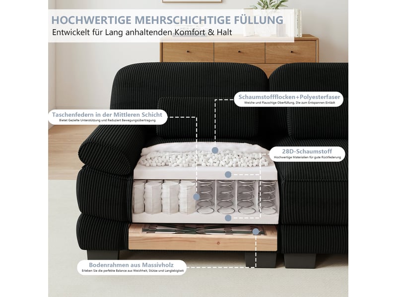  Canapé modulable en u 4 places 336x 161x 94 cm 2 poufs, assise profonde, coussins épais, velours côtelé noir  - Conforama E