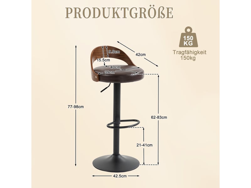  Tabourets de bar lot de 2 pivotants 360° réglables en hauteur - lpospi - dossier courbé, repose-pieds, simili cuir marron  - Conforama D