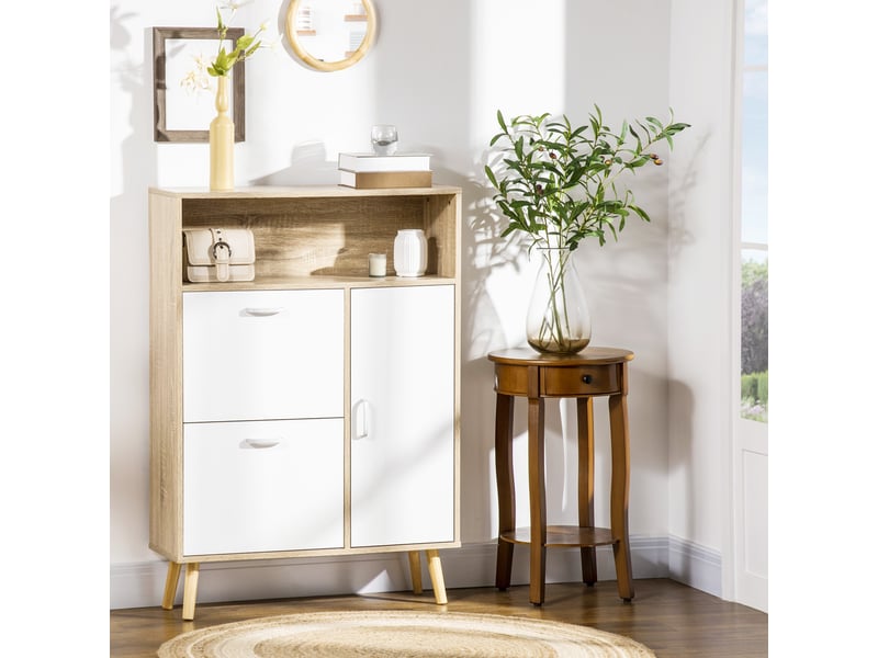  Meuble à chaussures pour 8 paires avec 2 tiroirs abattants, penderie et étagère, 80 x 25,5 x 112,5 cm, naturel et blanc  - Conforama B