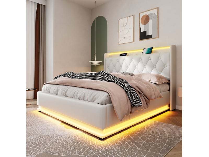  Lit coffre 160x200 cm avec led 360°, usb type c, pu blanc sans matelas  - Conforama C