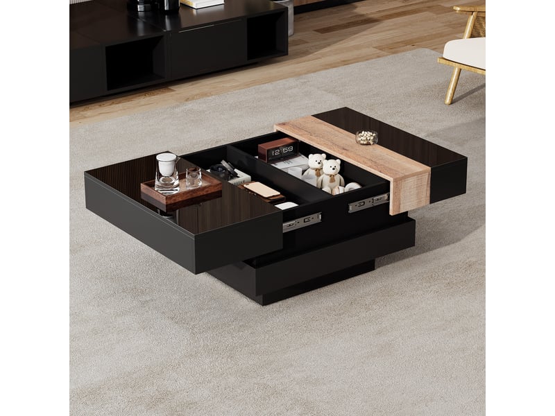  Table basse carrée 70x70 extensible avec rangement caché mdf noir brillant  - Conforama D