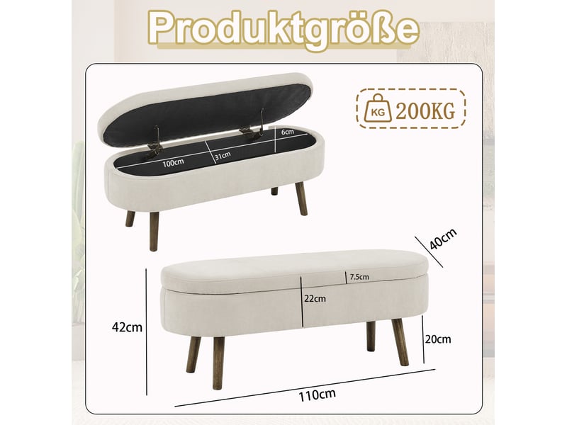  Banc de rangement 110x40x42 cm en chenille beige avec coffre intérieur  - Conforama C