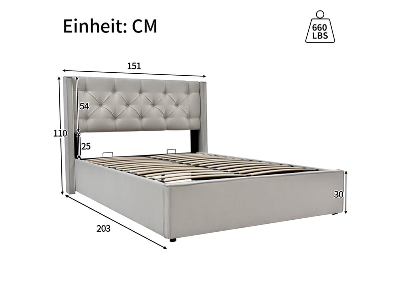  Lit coffre hydraulique 140x200cm en coton gris clair, sommier à lattes inclus, sans matelas, tête rembourrée  - Conforama B