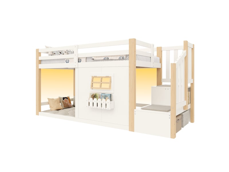 Lit mezzanine simple 90×200 cm, escalier avec rangement et led - okmyhome- en pin et mdf, sans matelas, blanc - Conforama A
