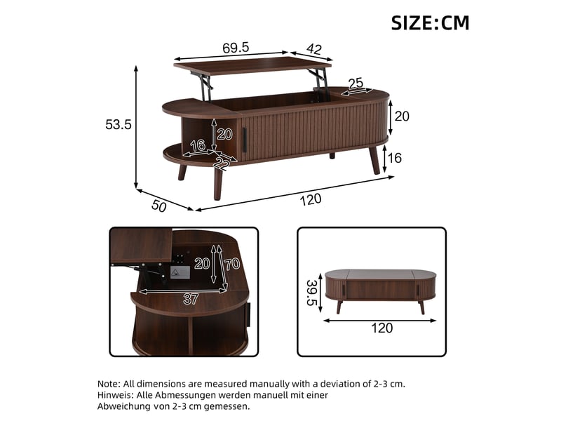  Table basse relevable 120x50x39,5 cm coloris noyer avec rangement  - Conforama C
