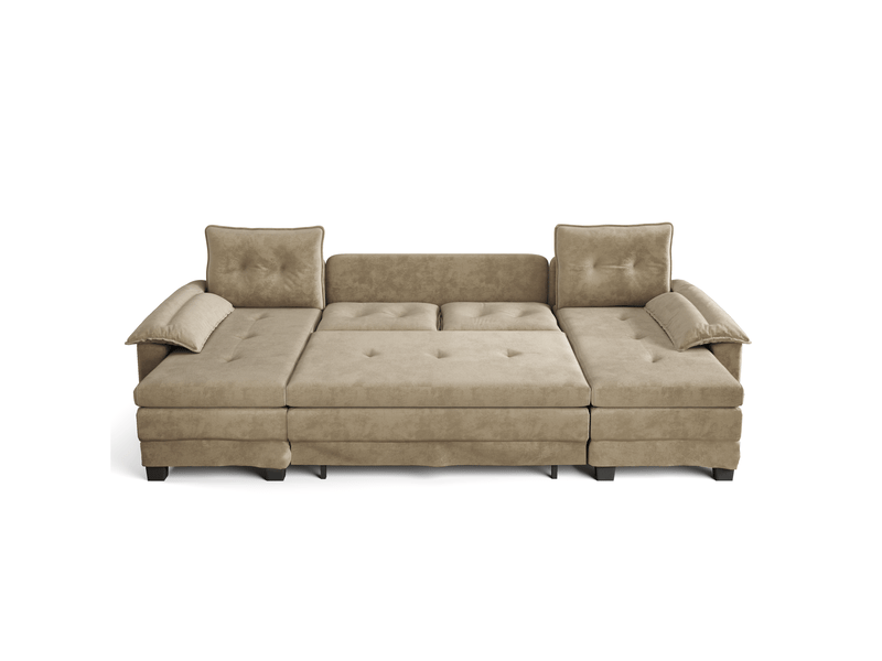  Canapé panoramique convertible modulable 4 places en u 278x127x87 cm, canapé-lit gigogne, couchage 242x117 cm, ports usb, tissu chenille chameau  - Conforama A