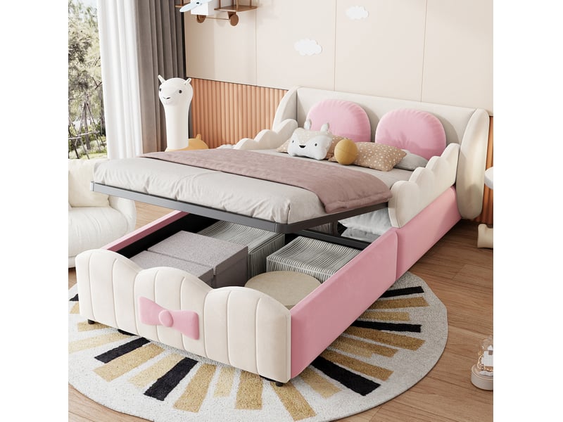  Lit coffre enfant 90x200 cm avec rangement hydraulique et 2 coussins décoratifs, beige et rose, sans matelas  - Conforama B