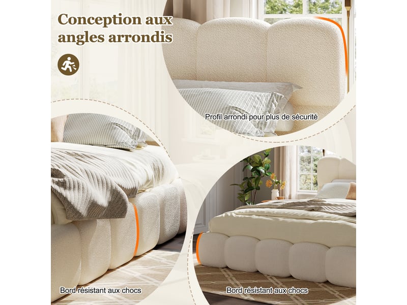  Lit coffre rembourré 180x200cm avec sommier et tête de lit rembourrée, design moderne, pour chambre, bouclé, blanc  - Conforama E