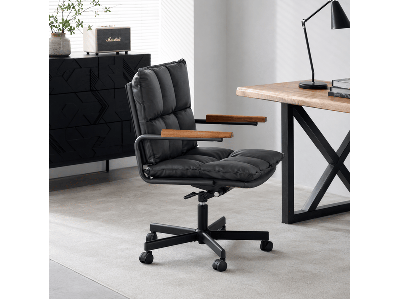Chaise de bureau ergonomique à roulettes, réglable et pivotante à 360 degrés, accoudoirs en bois, en similicuir noir - Conforama B