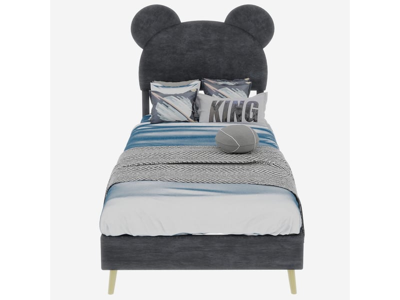 Lit rembourré 90x200 cm tête de lit dessin animé ludique - lit enfant - tissu gris doux cadre en métal design moderne minimaliste  - Conforama A