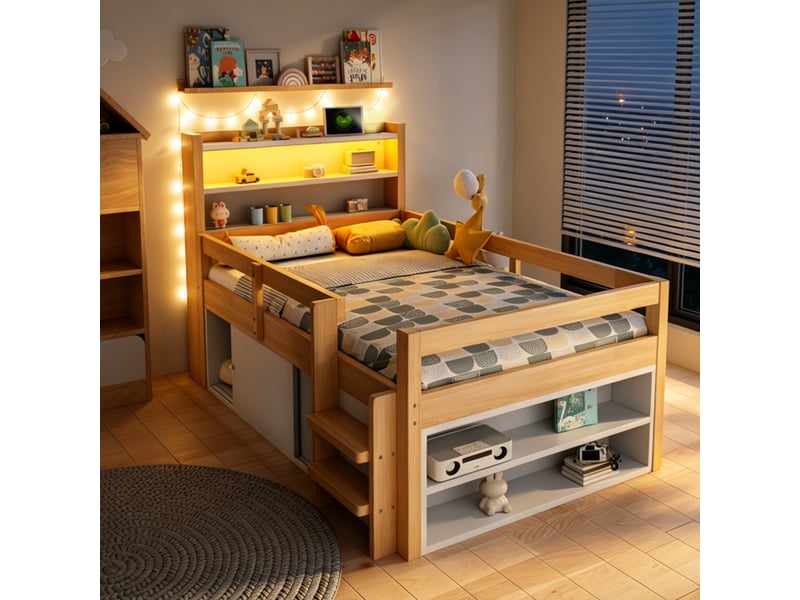  Lit mezzanine enfant simple 90×200 cm avec rangements, led et usb - okmyhome- bois naturel, sans matelas  - Conforama C