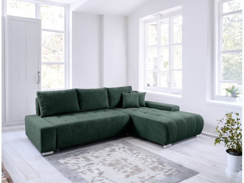  Canapé d'angle convertible velutti l velours côtelé poso vert, méridienne droite avec coffre  - Conforama B
