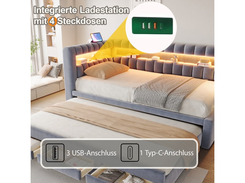  Lit banquette rembourré 90 x 190 cm avec lit gigogne, tiroir de rangement, led, port usb, dossier et tête de lit renforcés, velours gris evarich - Conforama D