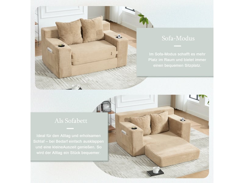 Fauteuil pouf double avec poches latérales, deux coussins et accoudoirs, en velours côtelé kaki, 151×133×64 cm  - Conforama E