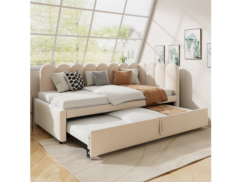  Lit gigogne en l 90x200 cm, pour chambre, lit enfant, gain d'espace, tête de lit, finition velours beige, sommier, sans matelas  - Conforama B