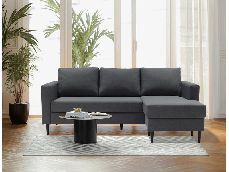 Canapé D'Angle 3 Places Réversible Gris Anthracite - 200cm - Tissu Polyester - Méridienne Modulable